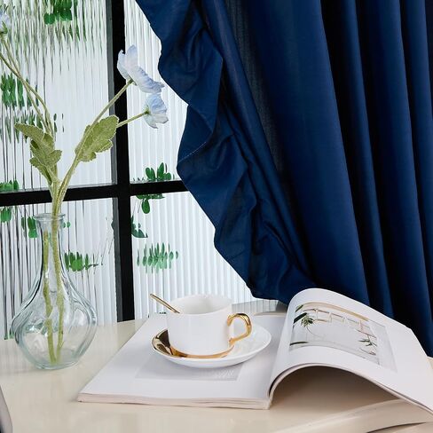 Bedbay ستائر مكشكشة زرقاء مكونة من لوحتين، ستائر أساسية لمنزل المزرعة، ديكور عتيق أنيق لغرفة النوم، غرفة المعيشة، غرفة الطعام، ستائر نافذة أنيقة بجيب قضيب للفتيات والنساء، 52 × 96 in Saudi Arabia