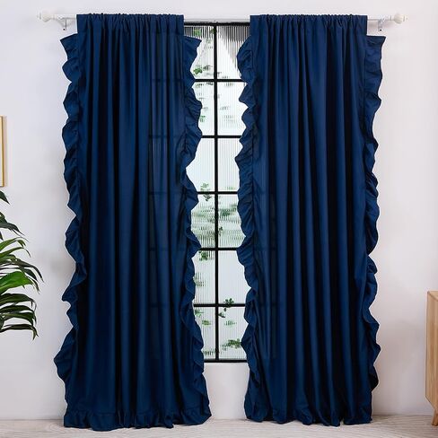 Bedbay ستائر مكشكشة زرقاء مكونة من لوحتين، ستائر أساسية لمنزل المزرعة، ديكور عتيق أنيق لغرفة النوم، غرفة المعيشة، غرفة الطعام، ستائر نافذة أنيقة بجيب قضيب للفتيات والنساء، 52 × 96 in Saudi Arabia