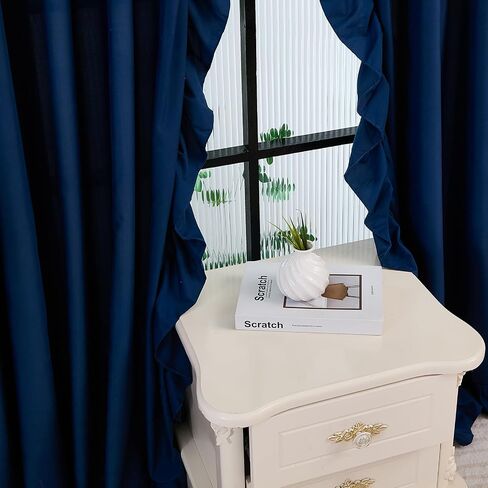 Bedbay ستائر مكشكشة زرقاء مكونة من لوحتين، ستائر أساسية لمنزل المزرعة، ديكور عتيق أنيق لغرفة النوم، غرفة المعيشة، غرفة الطعام، ستائر نافذة أنيقة بجيب قضيب للفتيات والنساء، 52 × 96 in Saudi Arabia