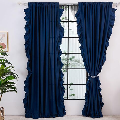 Bedbay ستائر مكشكشة زرقاء مكونة من لوحتين، ستائر أساسية لمنزل المزرعة، ديكور عتيق أنيق لغرفة النوم، غرفة المعيشة، غرفة الطعام، ستائر نافذة أنيقة بجيب قضيب للفتيات والنساء، 52 × 96 in Saudi Arabia