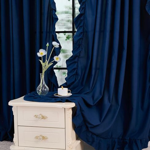 Bedbay ستائر مكشكشة زرقاء مكونة من لوحتين، ستائر أساسية لمنزل المزرعة، ديكور عتيق أنيق لغرفة النوم، غرفة المعيشة، غرفة الطعام، ستائر نافذة أنيقة بجيب قضيب للفتيات والنساء، 52 × 96 in Saudi Arabia