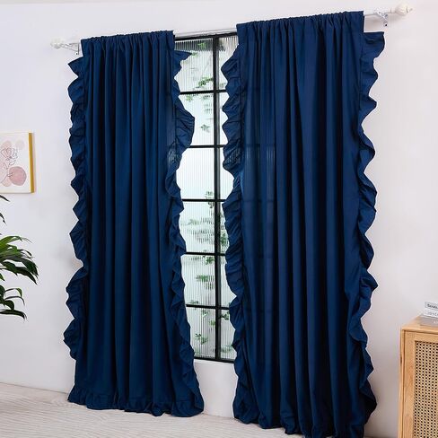 Bedbay ستائر مكشكشة زرقاء مكونة من لوحتين، ستائر أساسية لمنزل المزرعة، ديكور عتيق أنيق لغرفة النوم، غرفة المعيشة، غرفة الطعام، ستائر نافذة أنيقة بجيب قضيب للفتيات والنساء، 52 × 96 in Saudi Arabia