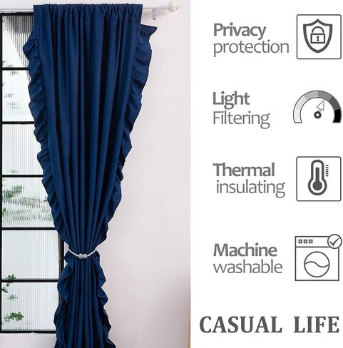 Bedbay ستائر مكشكشة زرقاء مكونة من لوحتين، ستائر أساسية لمنزل المزرعة، ديكور عتيق أنيق لغرفة النوم، غرفة المعيشة، غرفة الطعام، ستائر نافذة أنيقة بجيب قضيب للفتيات والنساء، 52 × 96 in Saudi Arabia