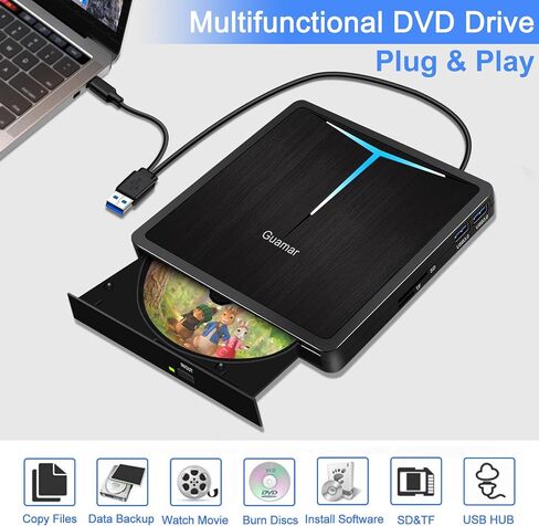 محرك أقراص مضغوطة خارجي من Guamar لأجهزة الكمبيوتر المحمول، محرك أقراص DVD USB خارجي، محرك أقراص ناسخ أقراص مضغوطة مع منافذ USB SD TF 2، مشغل DVD محمول لأجهزة Mac PC Desktop MacBook Windows in Kuwait