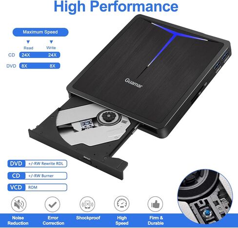 محرك أقراص مضغوطة خارجي من Guamar لأجهزة الكمبيوتر المحمول، محرك أقراص DVD USB خارجي، محرك أقراص ناسخ أقراص مضغوطة مع منافذ USB SD TF 2، مشغل DVD محمول لأجهزة Mac PC Desktop MacBook Windows in Kuwait