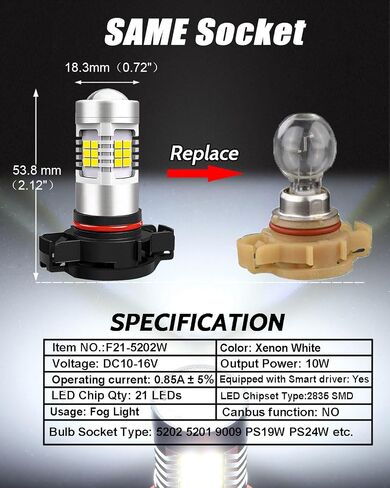 5202 5201 مصابيح الضباب LED، 6000K أبيض، 21-SMD Chips DRL لمبات، PS19W PS24W 9009 LED ضوء الضباب، حزمة من 2 in Saudi Arabia