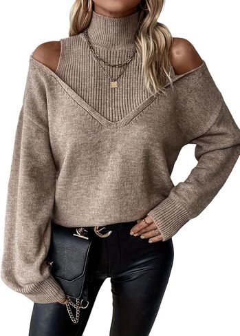 MARZXIN Womens Casual Fall Long Sleeve Turtleneck Sweater Off The Shoulder Ribbed Edge Pullover Tops in Kuwait