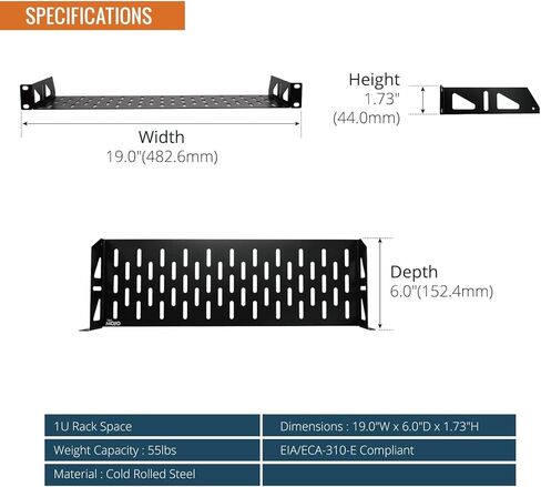 1U Rack Shelf,19 inch Rack Shelf 8 inch Depth,Rack Mount Shelf with Anti-Slip Stops,Server Rack Shelf and Network Shelf for 19 in Equipments, 55lbs Capacity of Vented 1U Shelf,Black,No Lip in Saudi Arabia