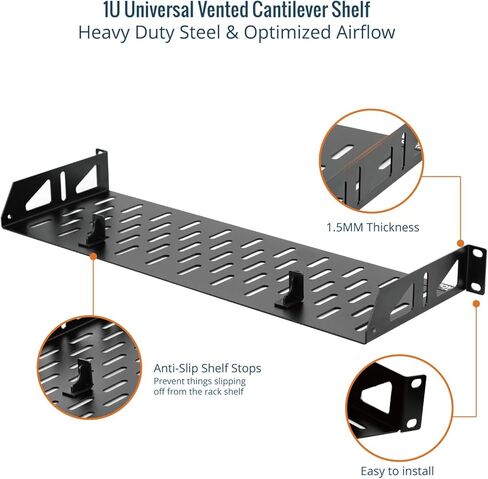 1U Rack Shelf,19 inch Rack Shelf 8 inch Depth,Rack Mount Shelf with Anti-Slip Stops,Server Rack Shelf and Network Shelf for 19 in Equipments, 55lbs Capacity of Vented 1U Shelf,Black,No Lip in Saudi Arabia