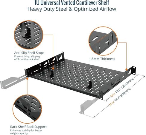 1U Rack Shelf,19 inch Rack Shelf 8 inch Depth,Rack Mount Shelf with Anti-Slip Stops,Server Rack Shelf and Network Shelf for 19 in Equipments, 55lbs Capacity of Vented 1U Shelf,Black,No Lip in Saudi Arabia