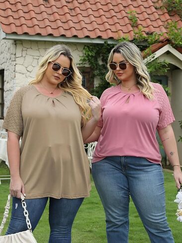 ROSRISS Plus-Size-Womens-Summer-Tops Lace Raglan Short Sleeve T Shirts Pleated Keyhole Crew Neck Blouses Trendy Tunics Tee in Saudi Arabia