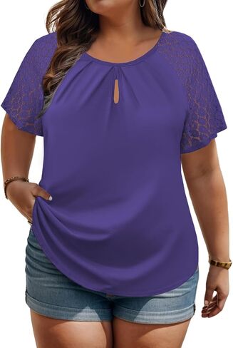 ROSRISS Plus-Size-Womens-Summer-Tops Lace Raglan Short Sleeve T Shirts Pleated Keyhole Crew Neck Blouses Trendy Tunics Tee in Saudi Arabia