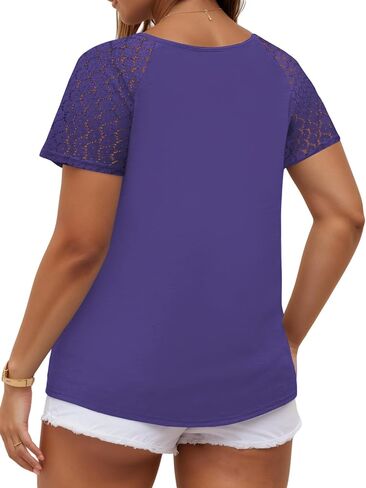 ROSRISS Plus-Size-Womens-Summer-Tops Lace Raglan Short Sleeve T Shirts Pleated Keyhole Crew Neck Blouses Trendy Tunics Tee in Saudi Arabia