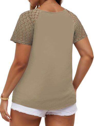 ROSRISS Plus-Size-Womens-Summer-Tops Lace Raglan Short Sleeve T Shirts Pleated Keyhole Crew Neck Blouses Trendy Tunics Tee in Saudi Arabia