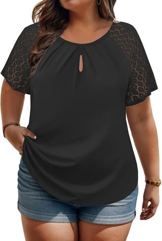 ROSRISS Plus-Size-Womens-Summer-Tops Lace Raglan Short Sleeve T Shirts Pleated Keyhole Crew Neck Blouses Trendy Tunics Tee in Saudi Arabia