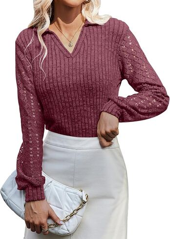 V Neck Long Sleeve Shirts for Women Polo Shirts Fall Textured Tunic Tops 2024 Lace Clothes Y2K Blouses in Saudi Arabia