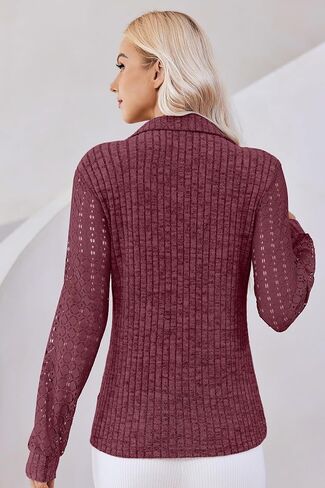 V Neck Long Sleeve Shirts for Women Polo Shirts Fall Textured Tunic Tops 2024 Lace Clothes Y2K Blouses in Saudi Arabia