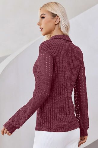 V Neck Long Sleeve Shirts for Women Polo Shirts Fall Textured Tunic Tops 2024 Lace Clothes Y2K Blouses in Saudi Arabia