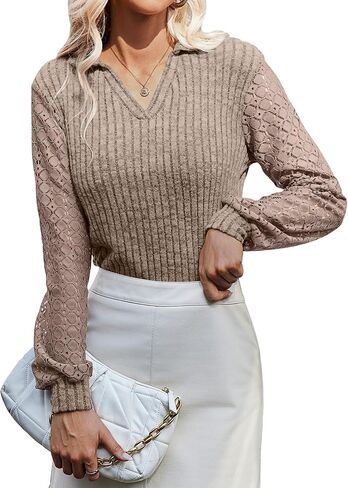 V Neck Long Sleeve Shirts for Women Polo Shirts Fall Textured Tunic Tops 2024 Lace Clothes Y2K Blouses in Saudi Arabia