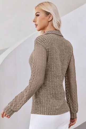 V Neck Long Sleeve Shirts for Women Polo Shirts Fall Textured Tunic Tops 2024 Lace Clothes Y2K Blouses in Saudi Arabia