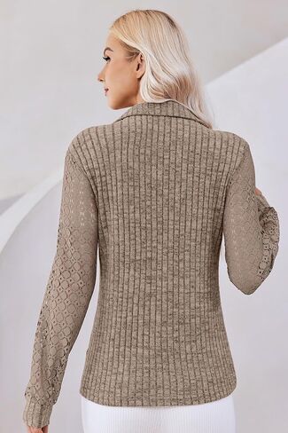 V Neck Long Sleeve Shirts for Women Polo Shirts Fall Textured Tunic Tops 2024 Lace Clothes Y2K Blouses in Saudi Arabia