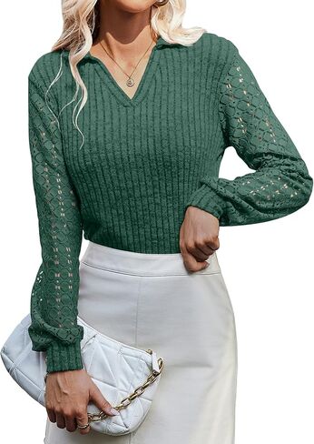 V Neck Long Sleeve Shirts for Women Polo Shirts Fall Textured Tunic Tops 2024 Lace Clothes Y2K Blouses in Saudi Arabia
