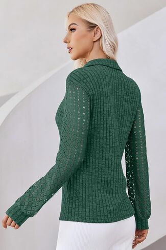 V Neck Long Sleeve Shirts for Women Polo Shirts Fall Textured Tunic Tops 2024 Lace Clothes Y2K Blouses in Saudi Arabia