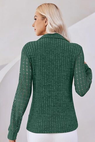 V Neck Long Sleeve Shirts for Women Polo Shirts Fall Textured Tunic Tops 2024 Lace Clothes Y2K Blouses in Saudi Arabia