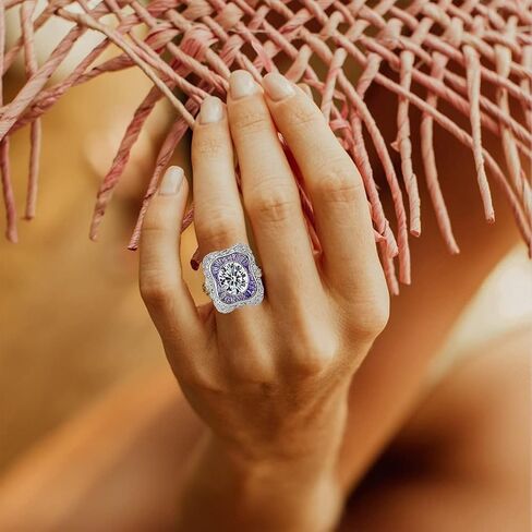 HAIXIAN Luxurious Silver Womens Purple Square Cubic Zirconias Amethyst sapphire Ring,Exaggeration Cocktail Party Punk Biker Ring,Full Finger Wide Dome Chunky Stone Ring Jewelry for Women in Kuwait