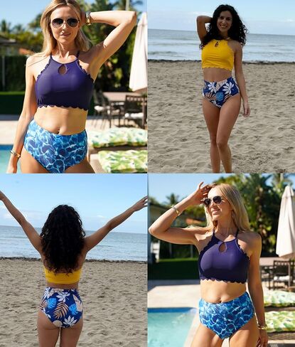Kate Kasin Women's Bikini Sets High Neck Print High Waisted Two Pieces Swimsuits Scallop Trim Bathing Suits in Saudi Arabia