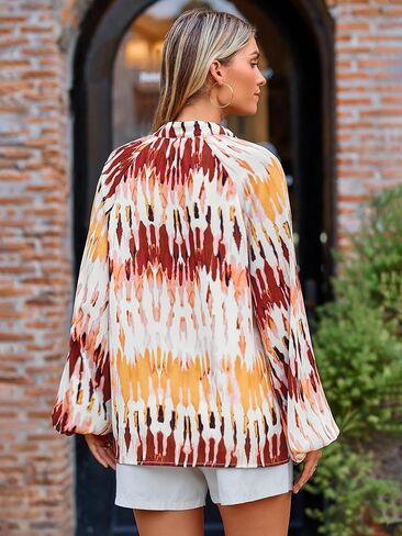 MASCOMODA Womens Boho Floral Print Fall Tops Dressy Casual V Neck Button Down Lantern Long Sleeve Shirts Chiffon Work Blouse in Kuwait