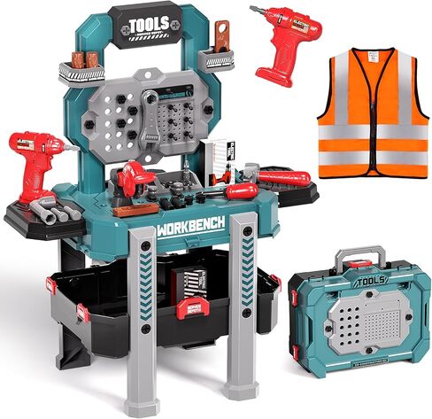 Deejoy Kids Tool Bench with Realistic Tools and Electric Drill, 79 Pcs Transformable Kids Tool Set with Clothes, Toddler Tool Bench Pretend Play Learning Gift for Boys & Girls Age 3-5 (Green) in Kuwait