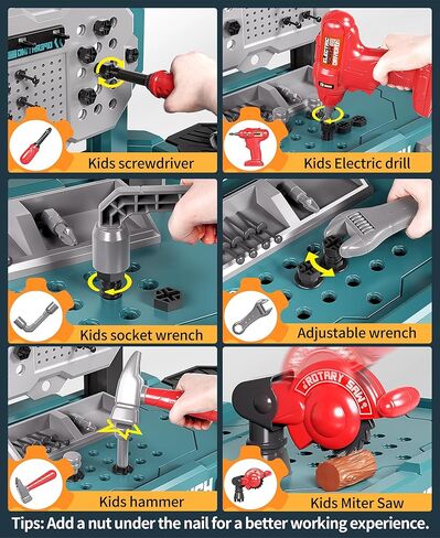 Deejoy Kids Tool Bench with Realistic Tools and Electric Drill, 79 Pcs Transformable Kids Tool Set with Clothes, Toddler Tool Bench Pretend Play Learning Gift for Boys & Girls Age 3-5 (Green) in Kuwait