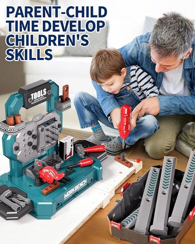 Deejoy Kids Tool Bench with Realistic Tools and Electric Drill, 79 Pcs Transformable Kids Tool Set with Clothes, Toddler Tool Bench Pretend Play Learning Gift for Boys & Girls Age 3-5 (Green) in Kuwait