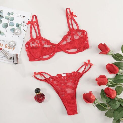 Sexy Cute Heart Embroidered Mesh Sheer Underwire Bow Strappy Push Up Lingerie Outfit See Through Bra Panty 2 Piece in Saudi Arabia
