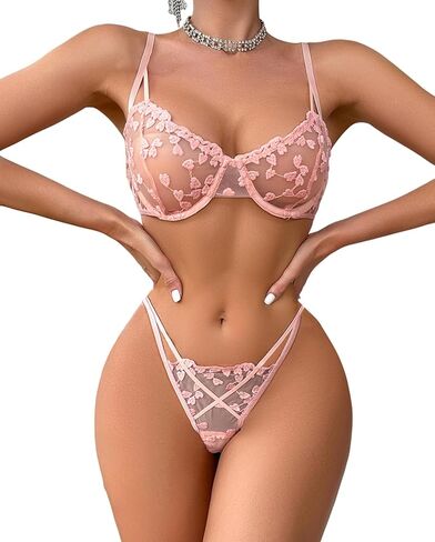 Sexy Cute Heart Embroidered Mesh Sheer Underwire Bow Strappy Push Up Lingerie Outfit See Through Bra Panty 2 Piece in Saudi Arabia