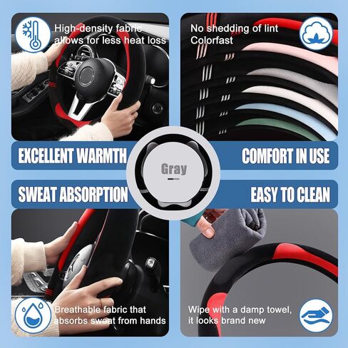 Furry Cute D Shaped Steering Wheel Cover, Soft Fluffy Short Plush Auto Accessories, Non-Slip Cold-Proof Sweat-Proof Colorfast, Universal 15 inch(Black with Red) in Saudi Arabia