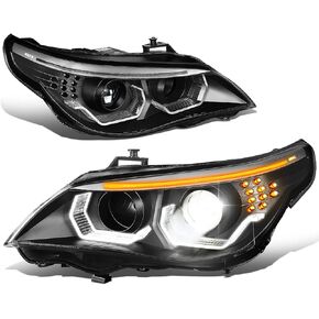 DNA MOTORING HL-3D-AFS-E6008-BK Pair of LED U-Halo Projector Headlights Compatible with BMW 528i 535i 550i M5 08-10 Not Fit Hatchback Model, Black Housing Clear Lens