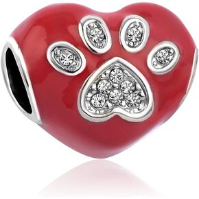 Love Dog Paw Print Heart Charm Compatible with Pandora Charm Bracelet Family Christmas Red Gift Bead Friends Birthday Anniversary