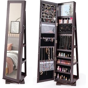 Byroce 360° Rotating Jewelry Organizer, Full Length Mirror with Storage, Lockable Jewelry Cabinet with Inside Makeup Mirror & 3-Tier Rear Shelves, Standing Jewelry Armoire (Walnut)
