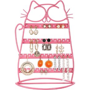 Okllen Earring Holder Organizer, Cat Shaped Earring Tree Shelf, Jewelry Organizer Stand Metal 46 Stud Earring Holes for Vanity, Dresser, Pink