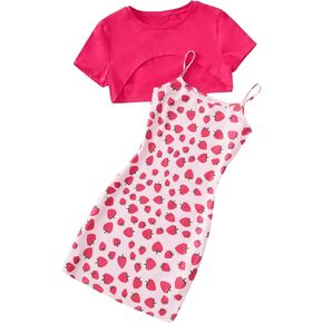 MakeMeChic Girl's 2 Piece Cute Outfit Crew Neck Crop Tops and Strawberry Cami Dress Set