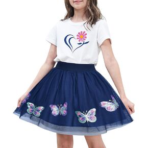 Sunny Fashion Girls Gray 2 Piece Shirt Butterfly Multicolor Rainbow Floral Skirt