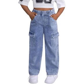 Floerns Girl's Elastic Waist Jeans Flap Pocket Straight Leg Cargo Denim Pants