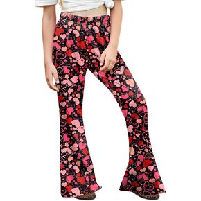 BesserBay Girls Valentine's Day Heart Print Bell Bottom Stretch High Waist Flared Pants with Pockets 5-14 Years