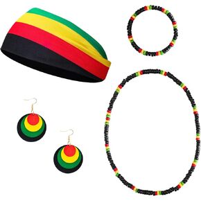 Fumwase Juneteenth African Accessories for Women Wood African Jewelry Sets Rasta Head Wraps BlackHistory Bracelet Jamaica Necklace Earrings
