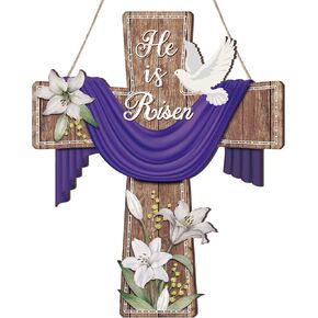 BBTO Easter Door Sign He Is Risen Hanging Decor Religious Cross Sign Easter Wreaths for Front Door Outside Christian Flowers Door Hanger for Farmhouse Front Door Porch Wall Decor(13.1 x 10.6 Inches)