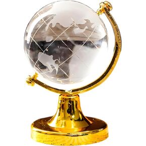 Mini Crystal Sphere Globe, Round Earth World Glass Ball Decorative Crystal Desktop Ornament Home Office Decor Golden