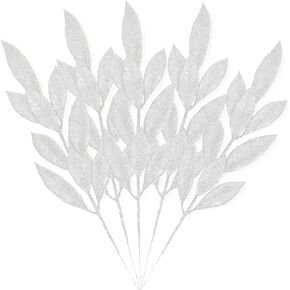 16Pcs Artificial Bay Leaves Glitter Bay Stems Christmas Tree Picks Sprays Ornaments for Xmas Tree Wreath Table Centerpiece Flower Arrangement Wedding, Party Home Decor, 35cm (Silver)