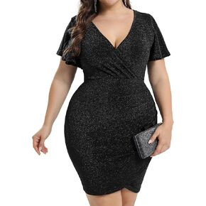 2025 Winter Womens Sparkly Glitter Ruched Bodycon Cocktail Party Sexy Sparkle Sequin Ruffle Sleeve Mini Wrap Dresses